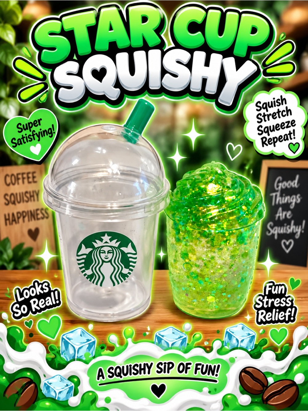 Starbucks Green Glitter Squishy Cup Toy
